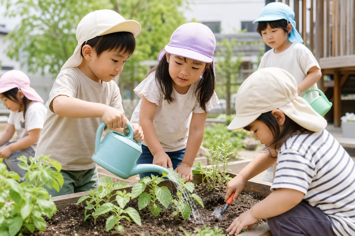おやつのあとに園庭で過ごす子どもたち