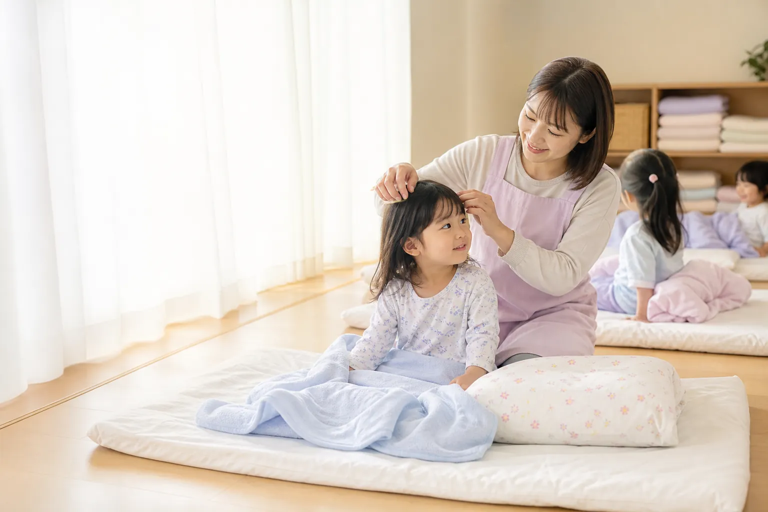 お昼寝前に子どもの髪を整える保育者